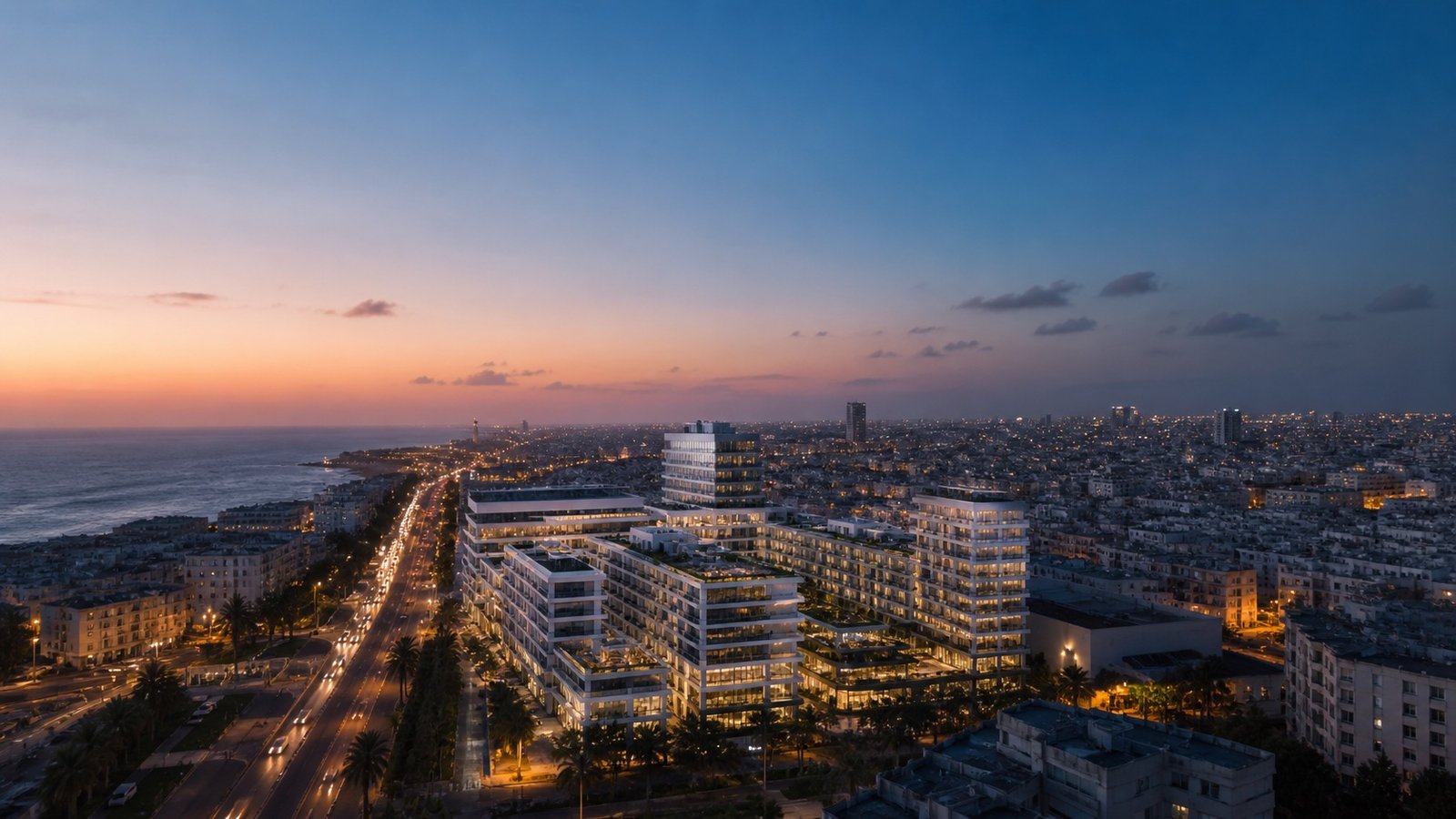 Casablanca et ses nouveaux ensembles architecturaux au crépuscule